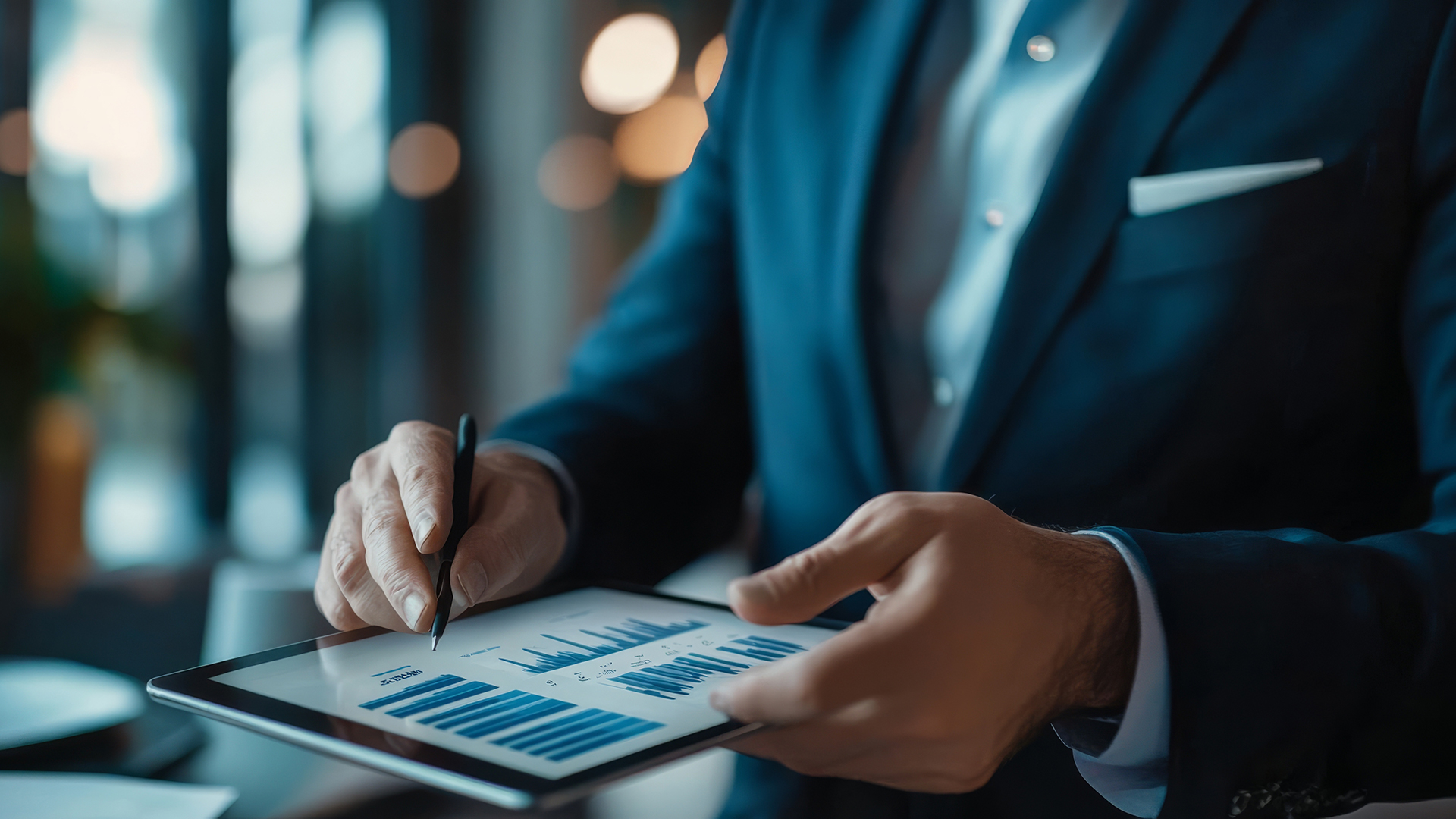 Man in a suit holding and iPad.