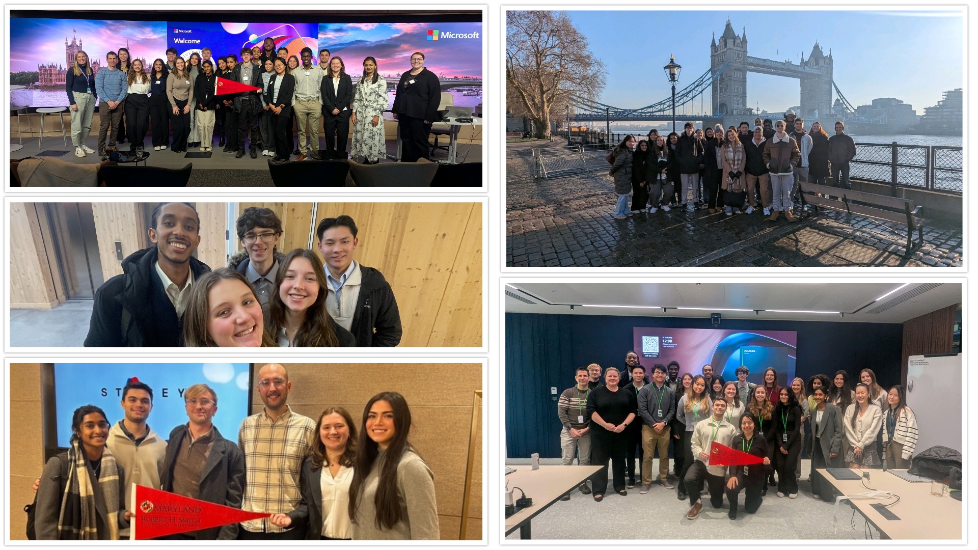 A collage of photos from the Smith School’s study abroad trip to London. Images show students collaborating on tech consulting projects, networking with industry professionals, touring company offices, and exploring the city.